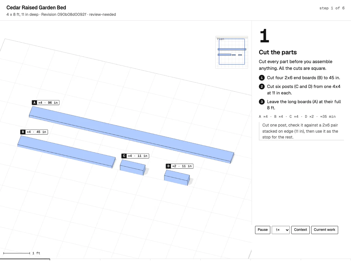 Actual raised garden bed assembly-guide preview showing the first step and labelled parts